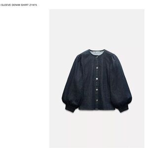 ZARA -NWT Dark Balloon Sleeve Denim Button-Up Shirt. Size XS.